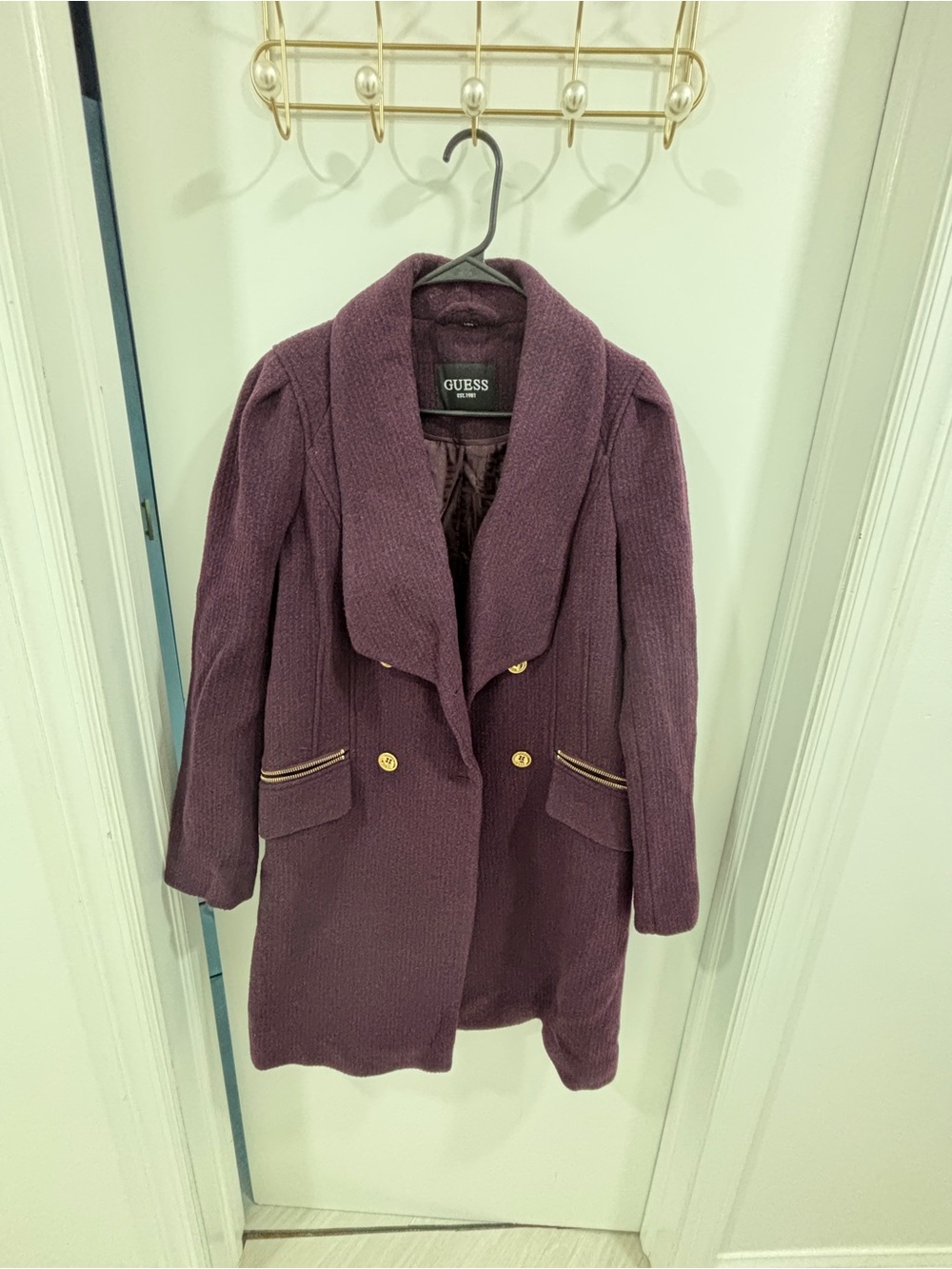 GUESS Women's Plum Double-Breasted Pea Coat with Gold Hardware